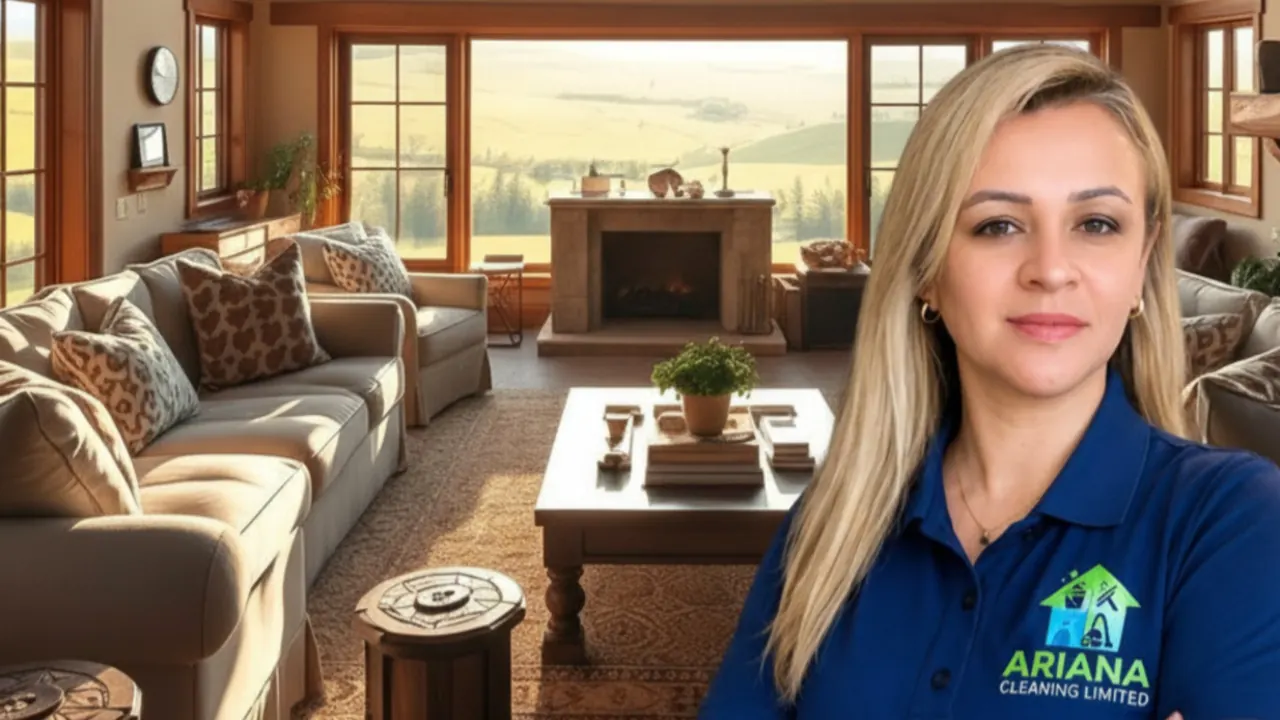 Ariana, professional cleaner and founder of Ariana Cleaning Limited, in an elegant Auckland farmhouse living room