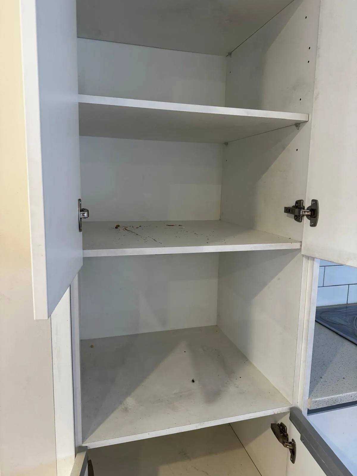 Kitchen cabinet cleaning Auckland — sauce stains inside cabinet before cleaning
